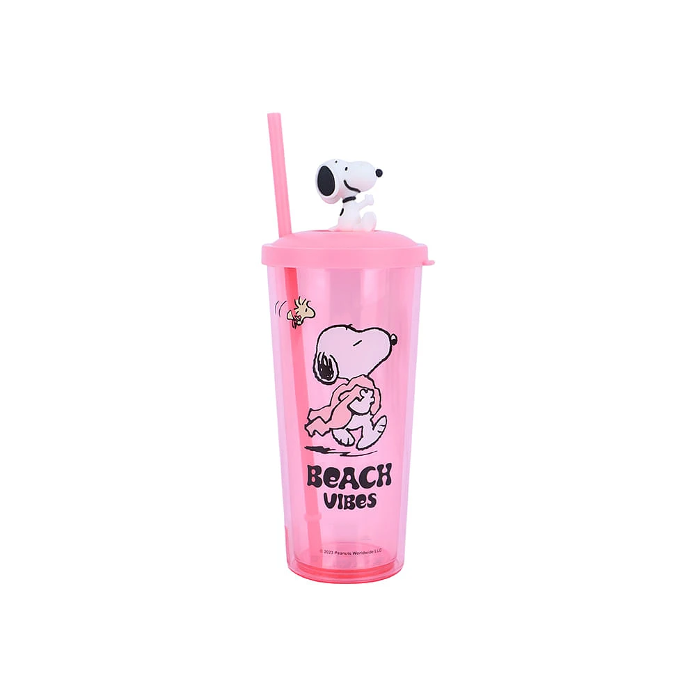 Vaso Con Tapa Y Popote Snoopy Plástico Rosa 550 ml