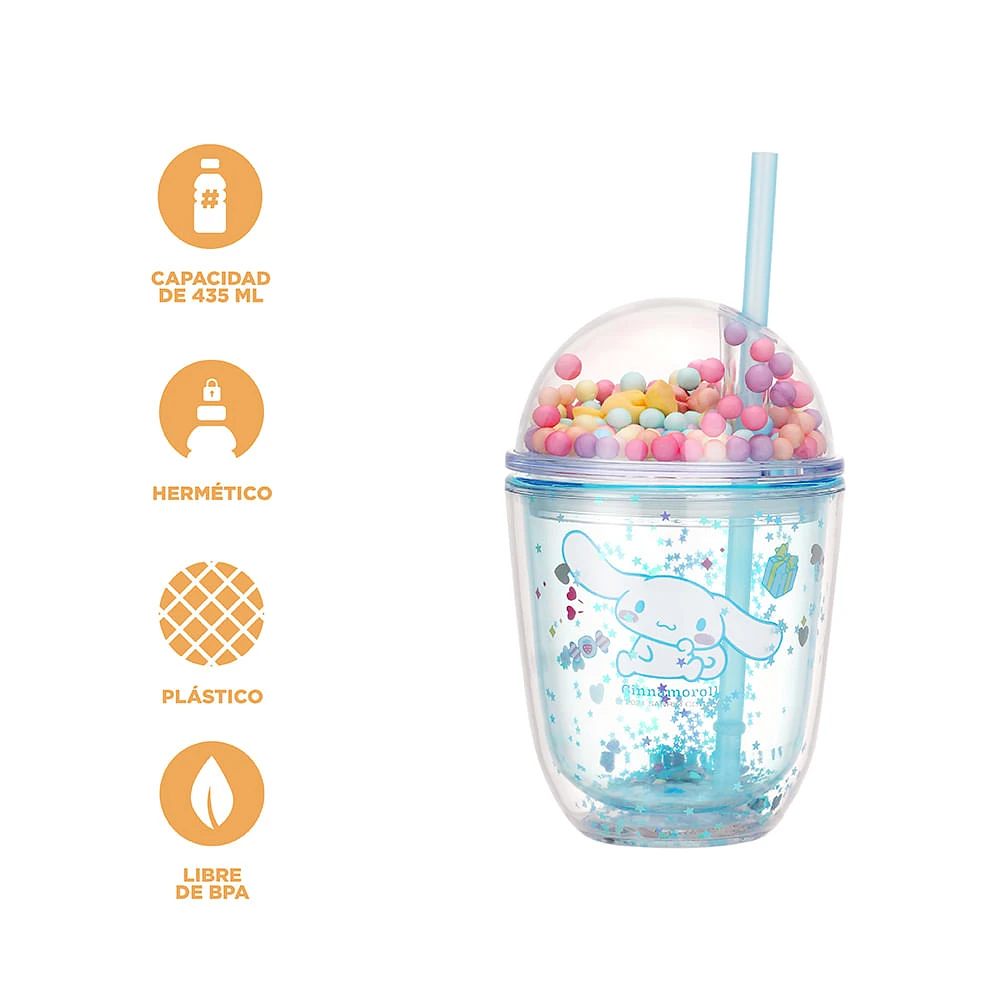 Vaso Con Tapa Y Popote Sanrio Cinnamoroll Doble Capa Plástico 435 ml