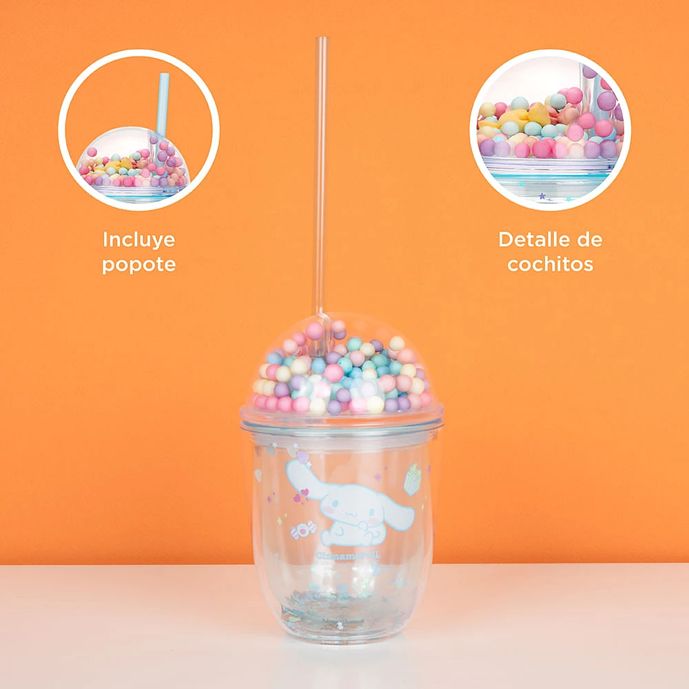 Vaso Con Tapa Y Popote Sanrio Cinnamoroll Doble Capa Plástico 435 ml