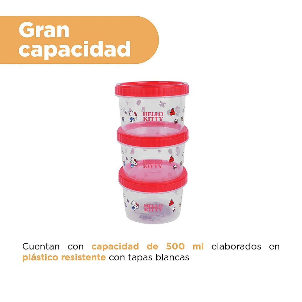 Set Contenedores De Alimentos Sanrio Hello Kitty Plástico 500 ml 3 Piezas