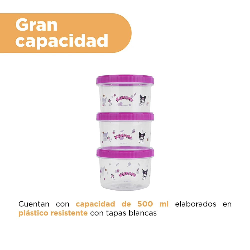 Set Contenedores De Alimentos Sanrio Kuromi Plástico 500 ml 3 Piezas