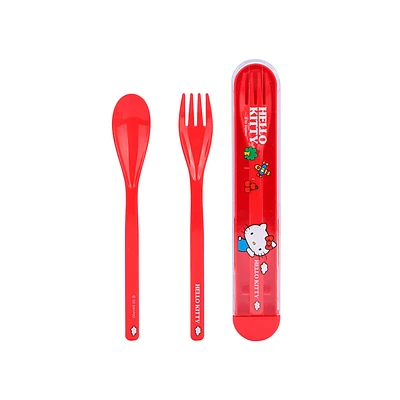 Kit De Cubiertos Con Estuche Sanrio Hello Kitty Plástico Rojos 2 Piezas