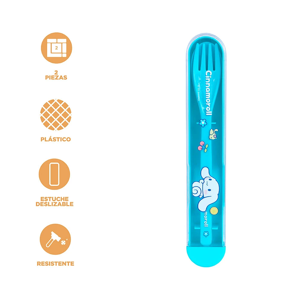 Kit De Cubiertos Con Estuche Sanrio Cinnamoroll Sintéticos Azules 2 Piezas