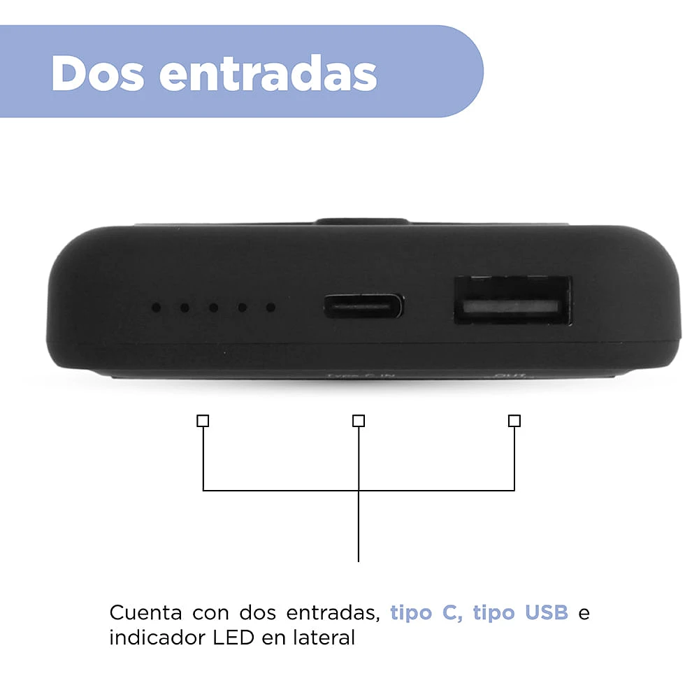 Batería Portátil, Power Bank Tipo C Y USB Sintética Negra 5000 mAh