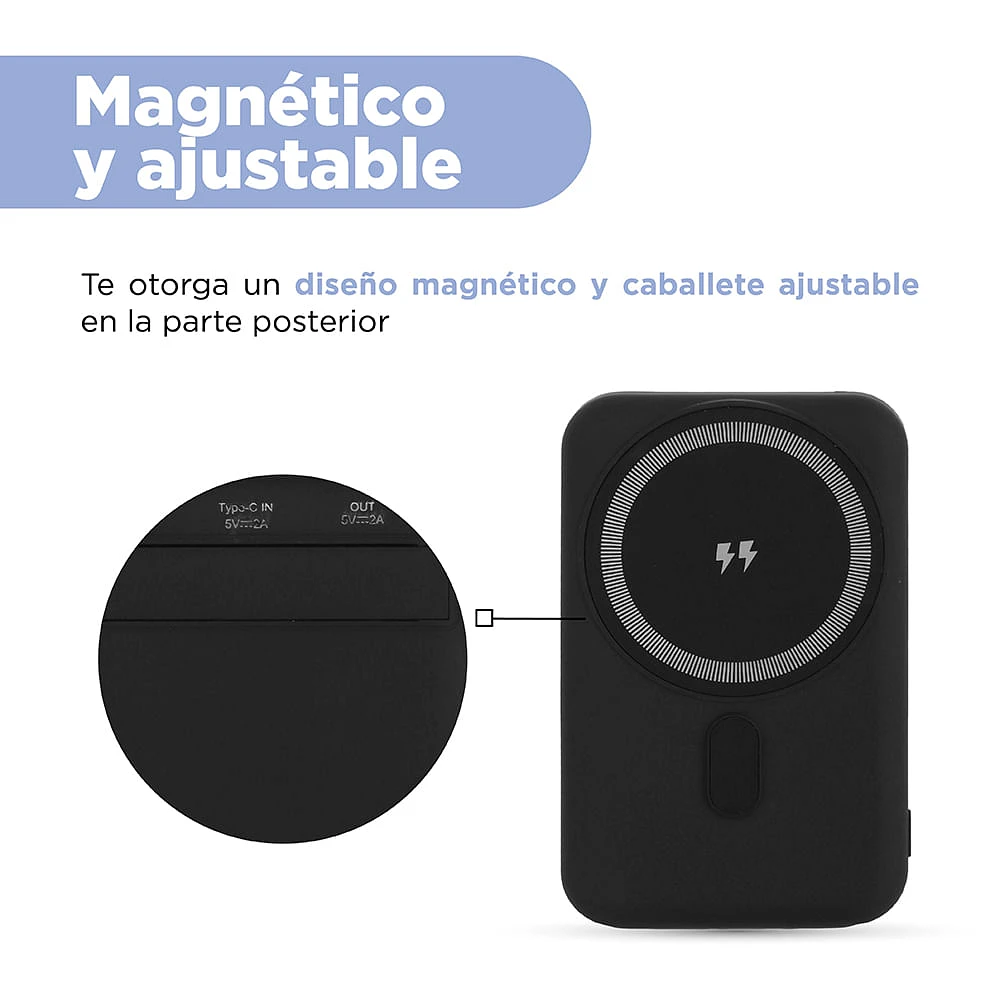 Batería Portátil, Power Bank Tipo C Y USB Sintética Negra 5000 mAh