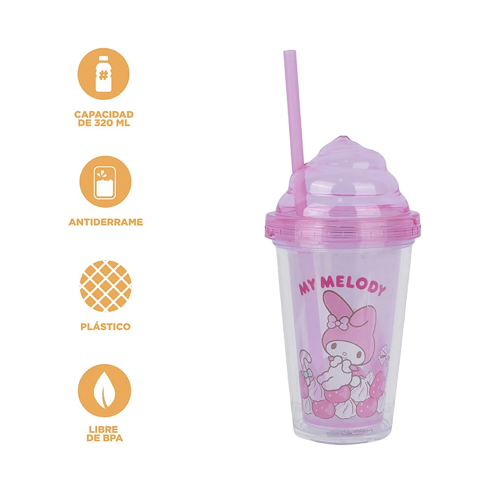 Vaso Con Tapa Y Popote Sanrio My Melody Plástico Rosa 320 ml