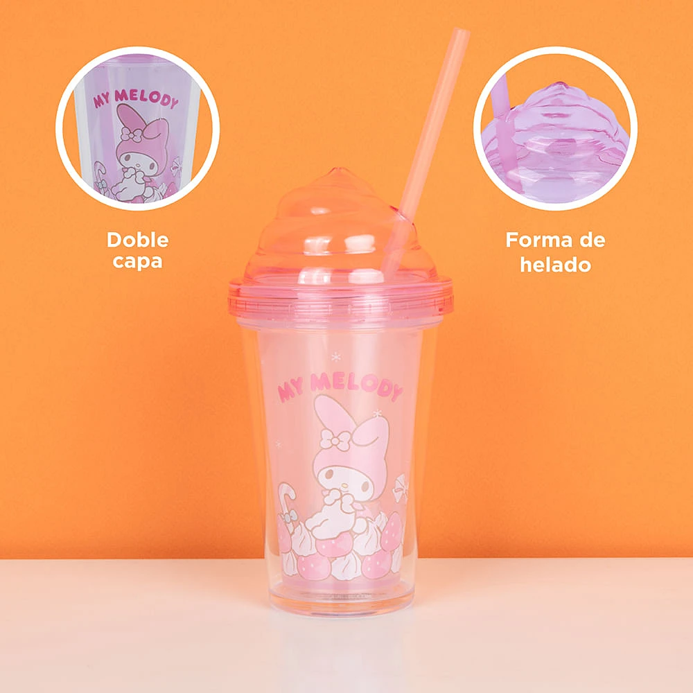 Vaso Con Tapa Y Popote Sanrio My Melody Plástico Rosa 320 ml