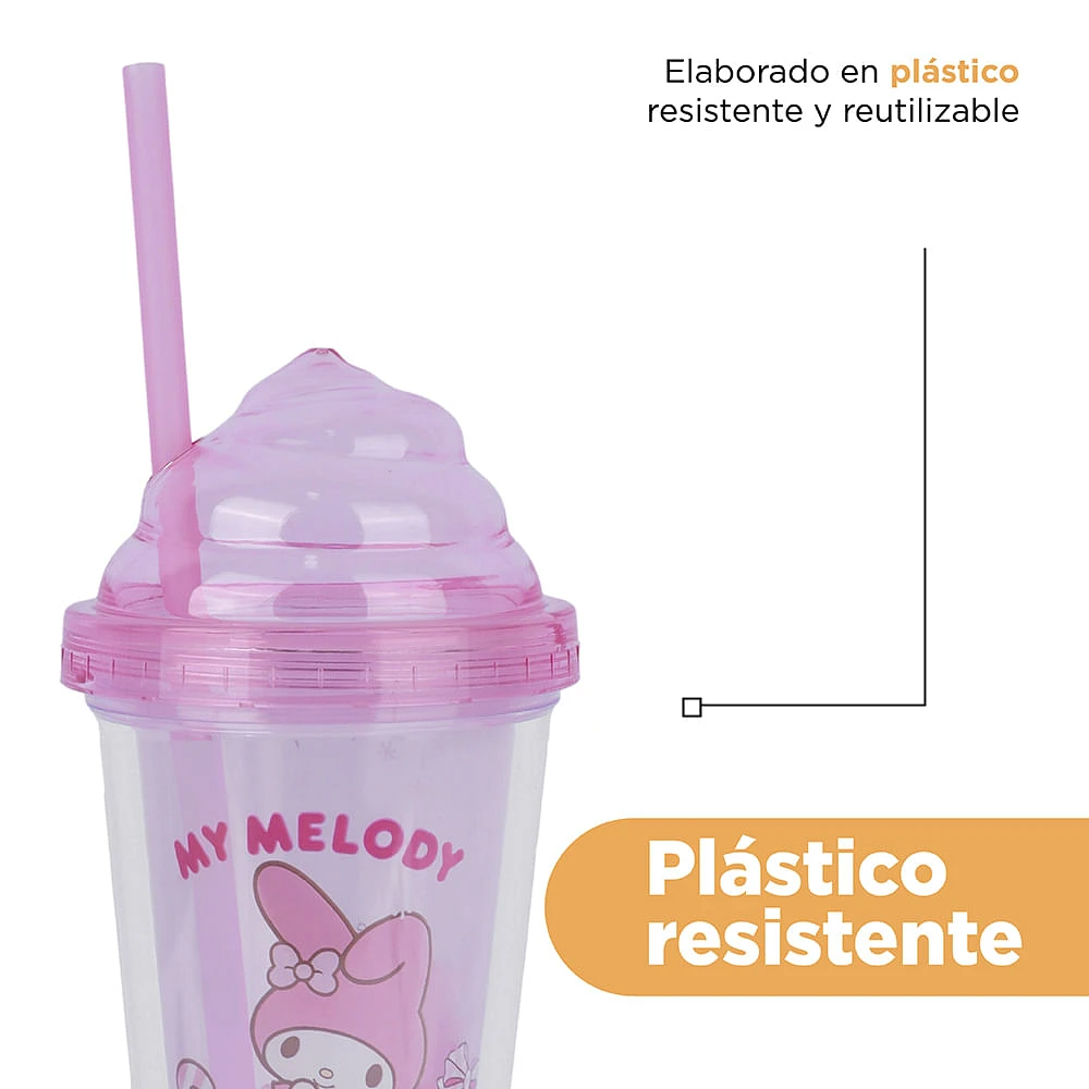 Vaso Con Tapa Y Popote Sanrio My Melody Plástico Rosa 320 ml
