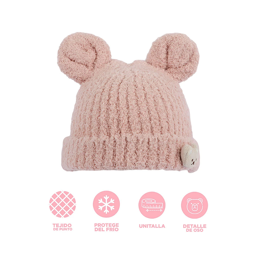 Gorro De Invierno Osito Infantil Textil Rosa Unitalla