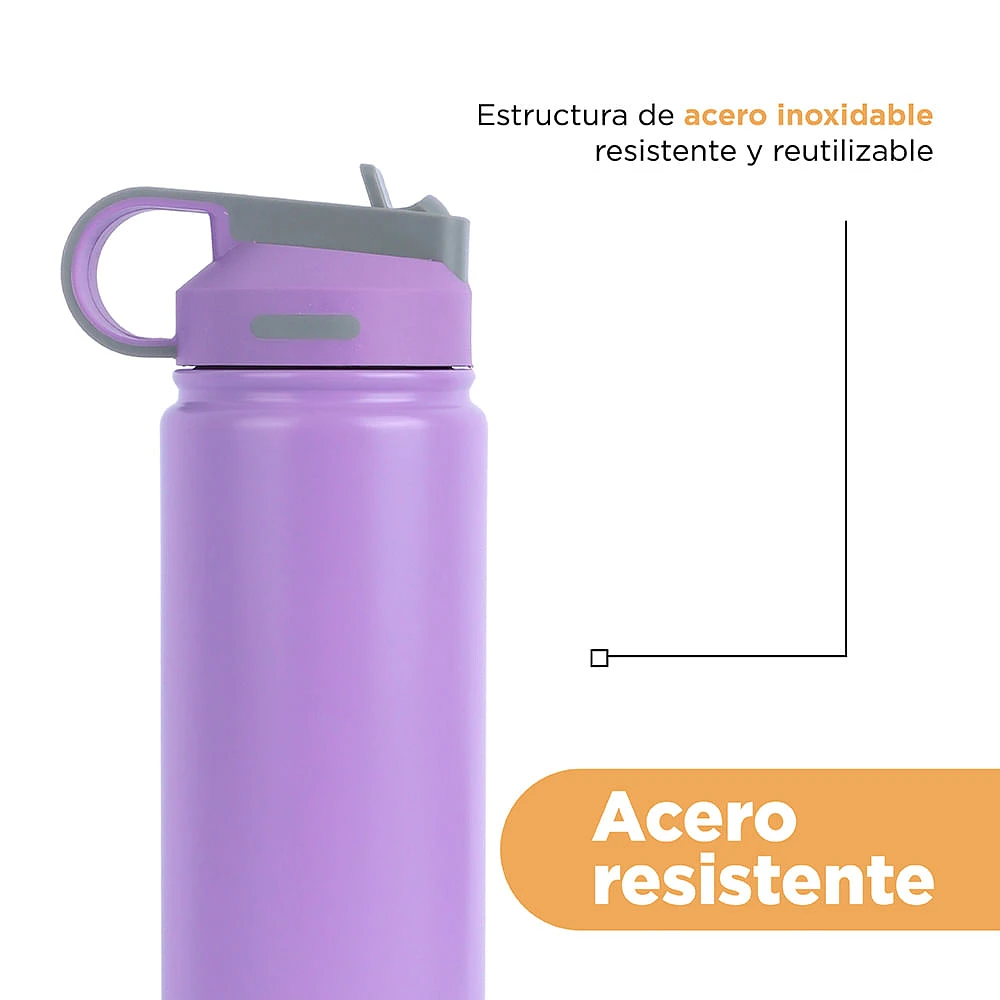 Termo Con Popote En Tapa Acero Inoxidable Lila 900 ml