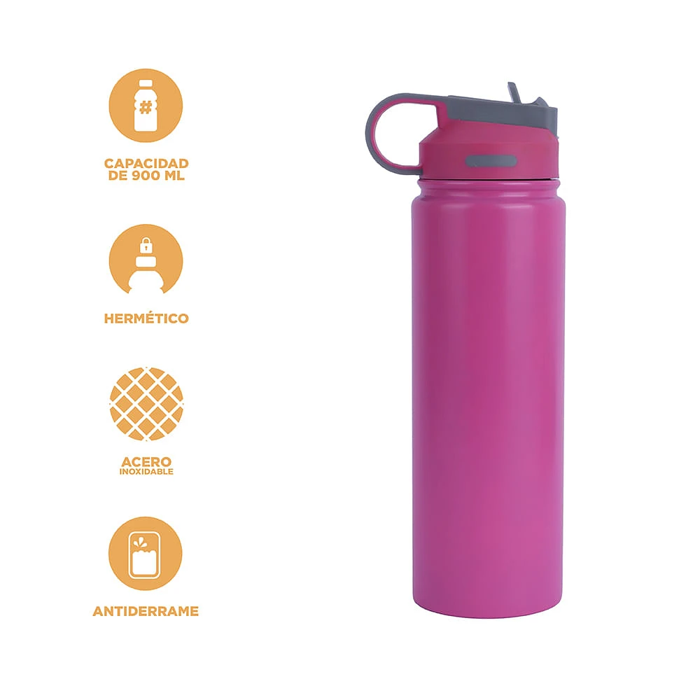 Termo Con Popote En Tapa Acero Inoxidable Rosa 900 ml