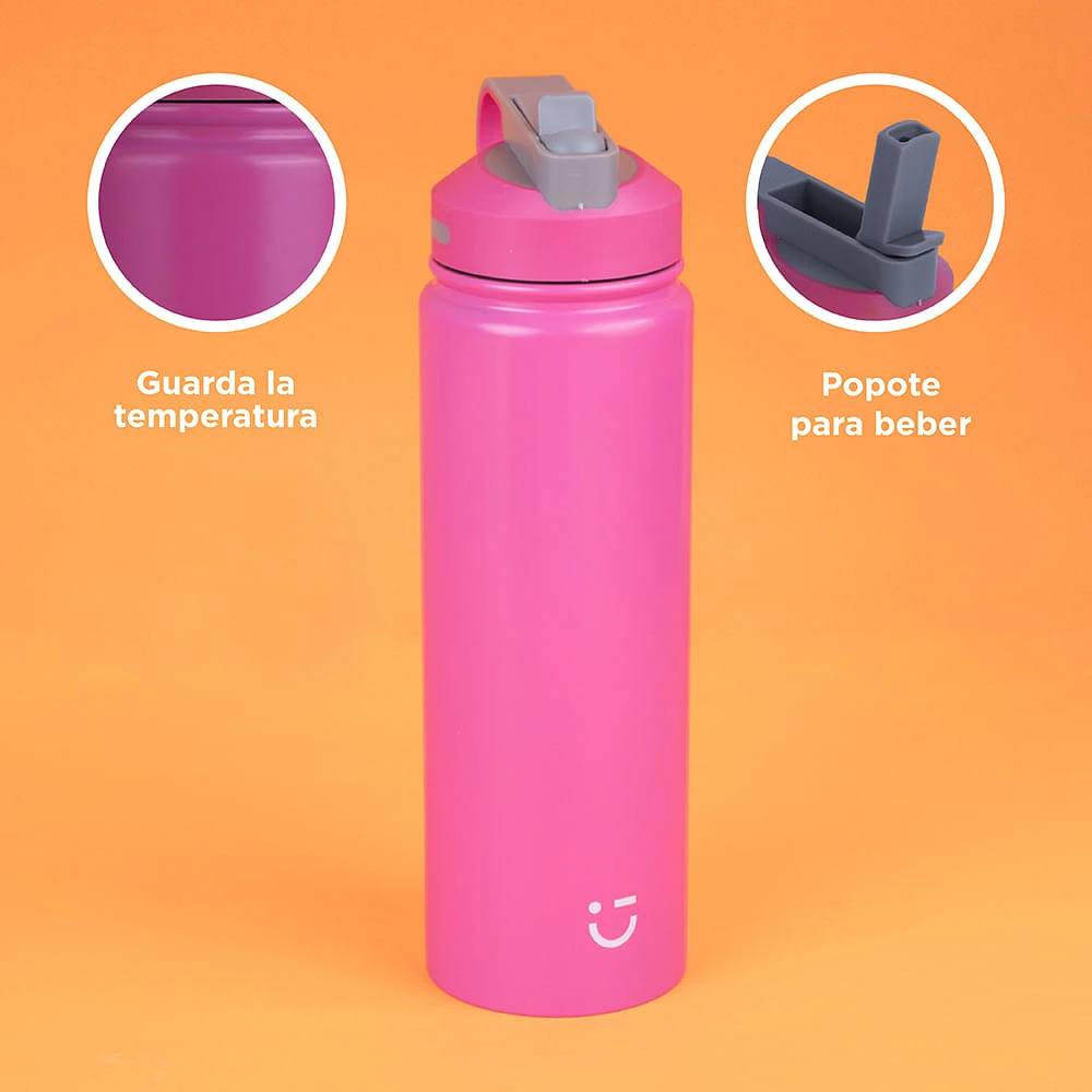 Termo Con Popote En Tapa Acero Inoxidable Rosa 900 ml