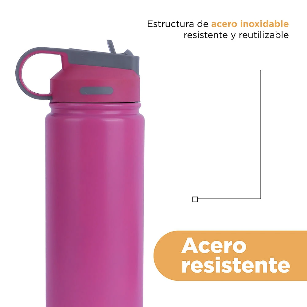 Termo Con Popote En Tapa Acero Inoxidable Rosa 900 ml