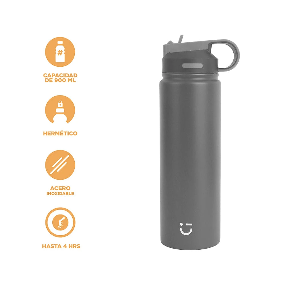 Termo Con Popote En Tapa Acero Inoxidable Gris 900 ml