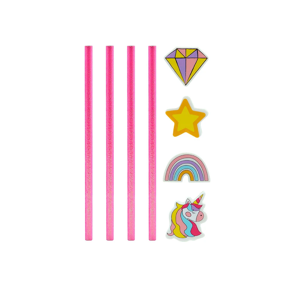 Kit Papelería Unicornio Lápices Y Gomas 8 Piezas