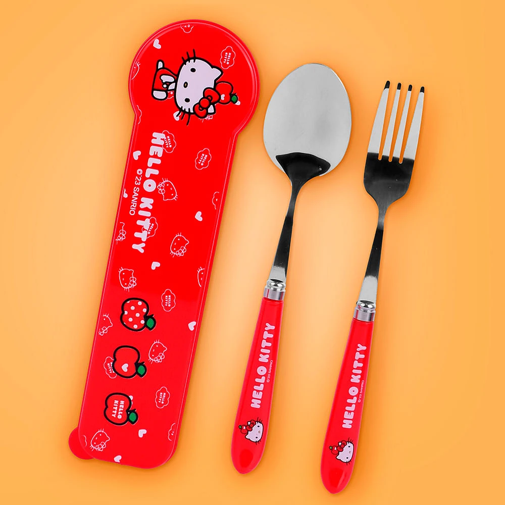 Kit De Cubiertos Con Estuche Sanrio Hello Kitty Acero Inoxidable Rojos