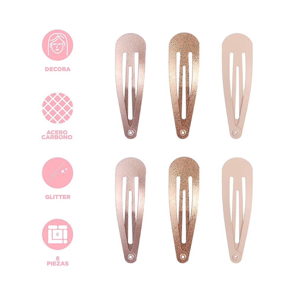 Set Broches Para Cabello Rose Gold Acero 5 cm 8 Piezas