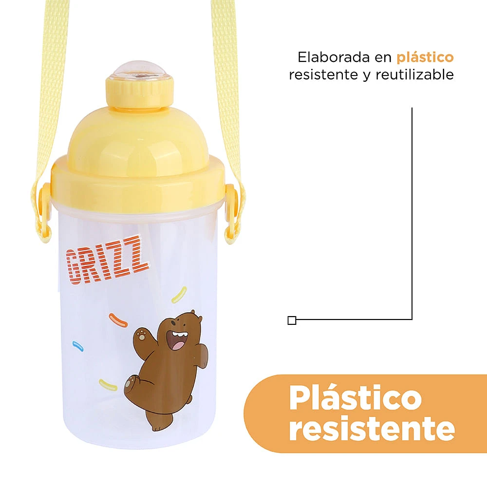 Cilindro We Bare Bears Pardo Con Correa y popote Plástico Blanco 500 ml