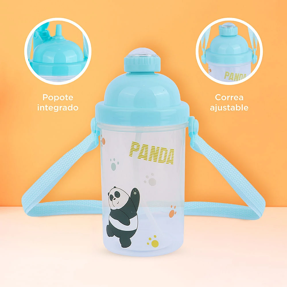 Cilindro We Bare Bears Panda Con Correa y popote Plástico Blanco 500 ml