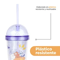 Vaso  We Bare Bears Con Tapa Y Popote Plástico Purpura 350 ml