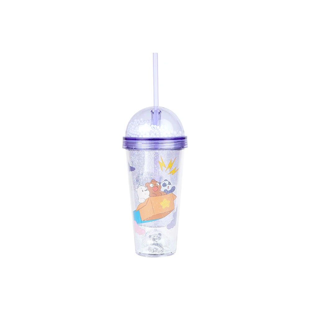 Vaso  We Bare Bears Con Tapa Y Popote Plástico Purpura 350 ml