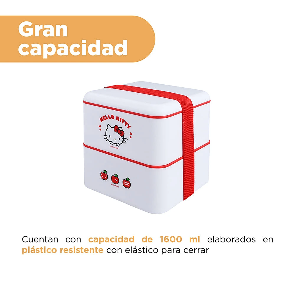 Contenedor De Alimentos Sanrio Hello Kitty Doble Nivel Plástico Blanco 1600 ml