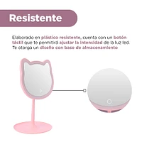 Espejo De Tocador Gatito Luz Continua Sintético Rosa 30.8x19.5x18 cm Baterías