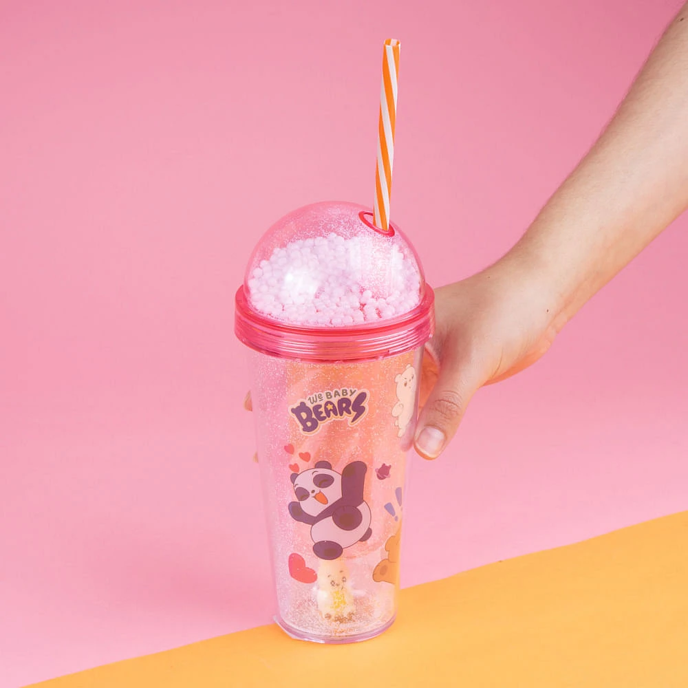 Vaso Con Tapa Y Popote  We Bare Bears Doble Capa Plástico Rosa 350 ml