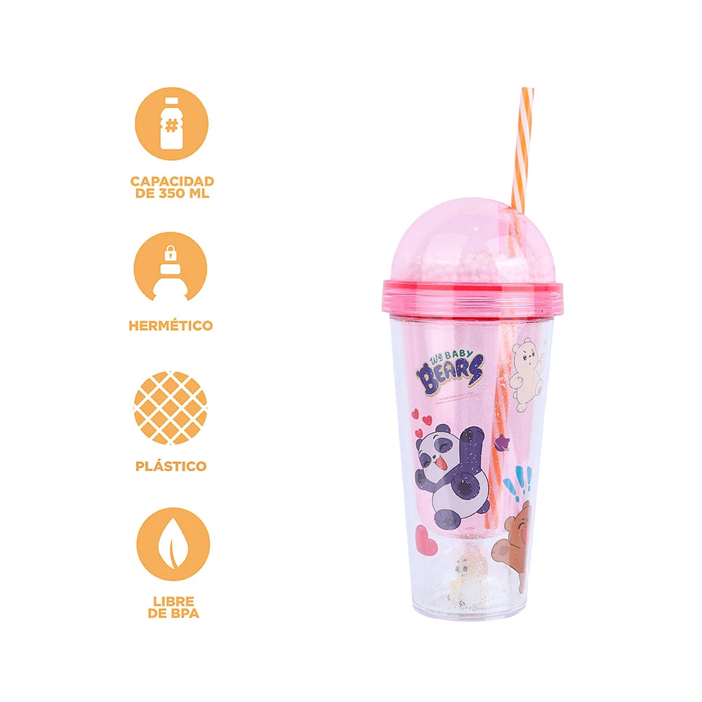 Vaso Con Tapa Y Popote  We Bare Bears Doble Capa Plástico Rosa 350 ml