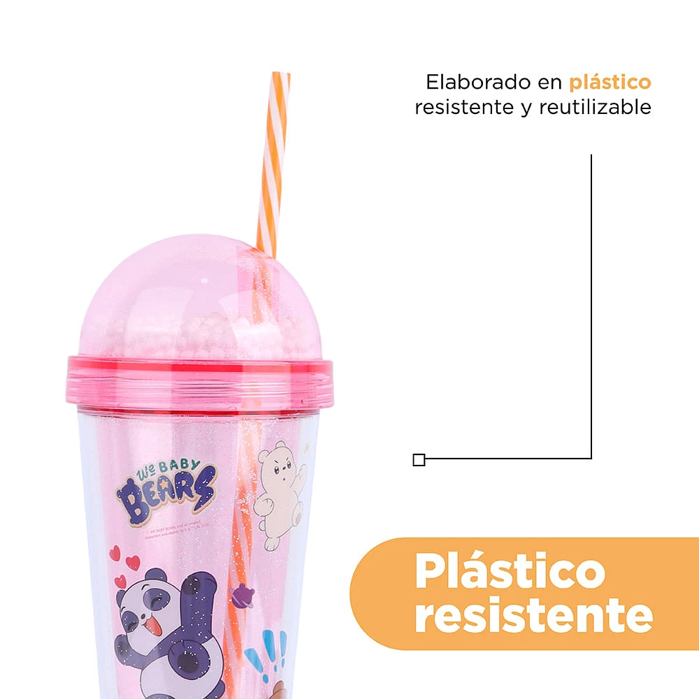 Vaso Con Tapa Y Popote  We Bare Bears Doble Capa Plástico Rosa 350 ml