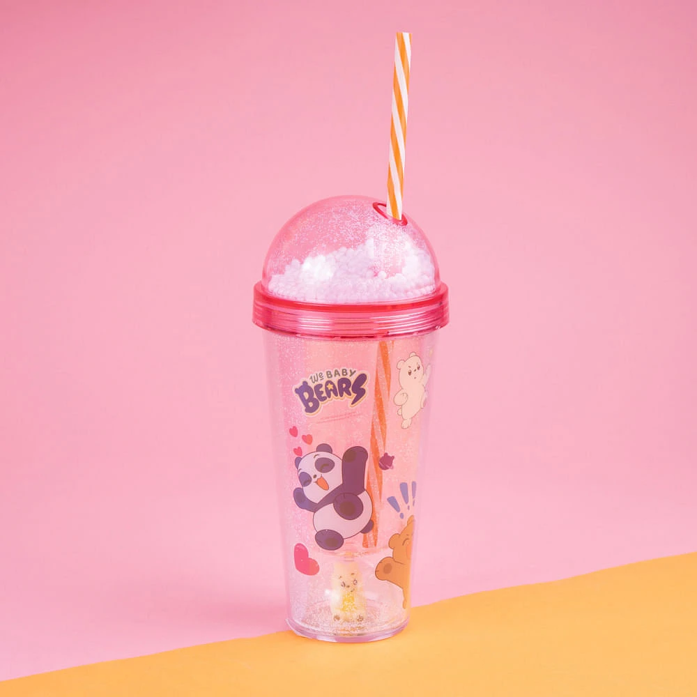 Vaso Con Tapa Y Popote  We Bare Bears Doble Capa Plástico Rosa 350 ml