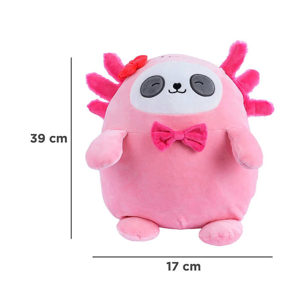 Peluche Panda Con Pijama De Ajolote Miniso Mini Family Felpa Rosa 17x39 Cm