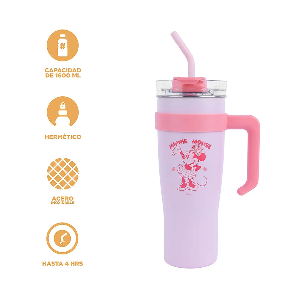 Vaso Con Tapa Y Popote Disney Minnie Mouse Térmico Acero Inoxidable Rosa 1600 ml