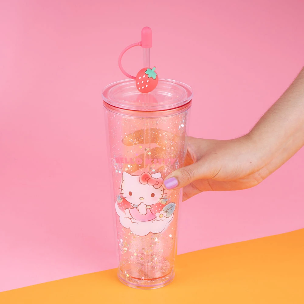 Vaso Con Tapa Y Popote Sanrio Hello Kitty Doble Capa Plástico Rosa 800 ml