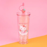 Vaso Con Tapa Y Popote Sanrio Hello Kitty Doble Capa Plástico Rosa 800 ml