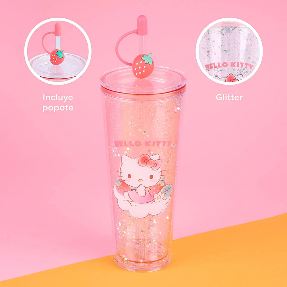 Vaso Con Tapa Y Popote Sanrio Hello Kitty Doble Capa Plástico Rosa 800 ml