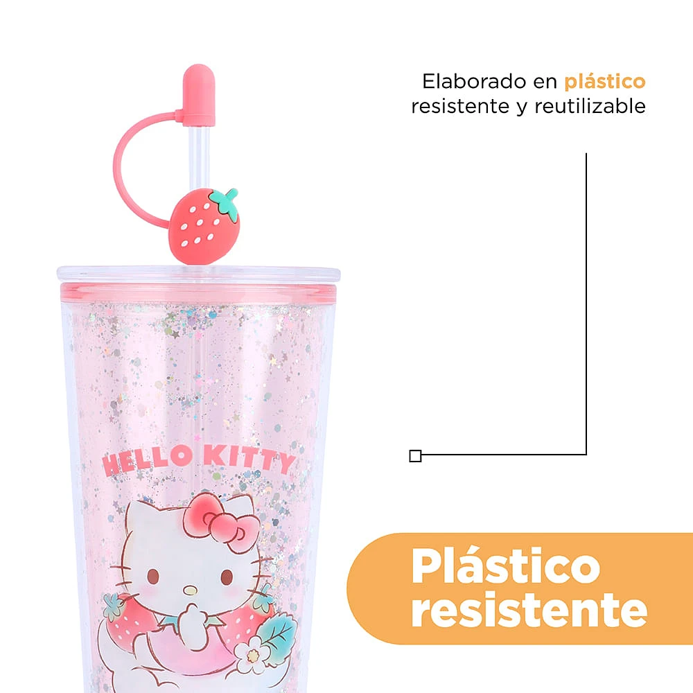 Vaso Con Tapa Y Popote Sanrio Hello Kitty Doble Capa Plástico Rosa 800 ml