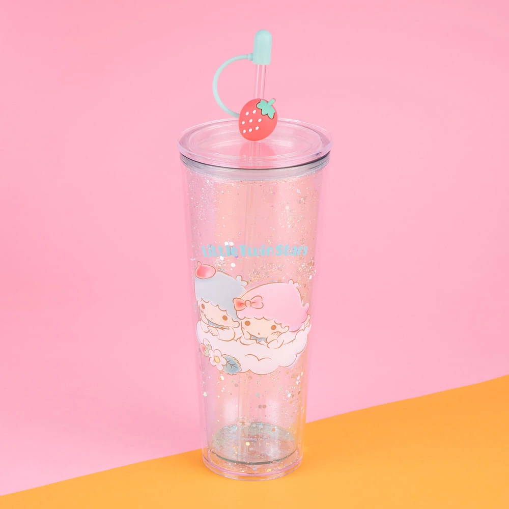 Vaso Con Tapa Y Popote Sanrio Little Twin Stars Doble Capa Plástico Verde 800 ml