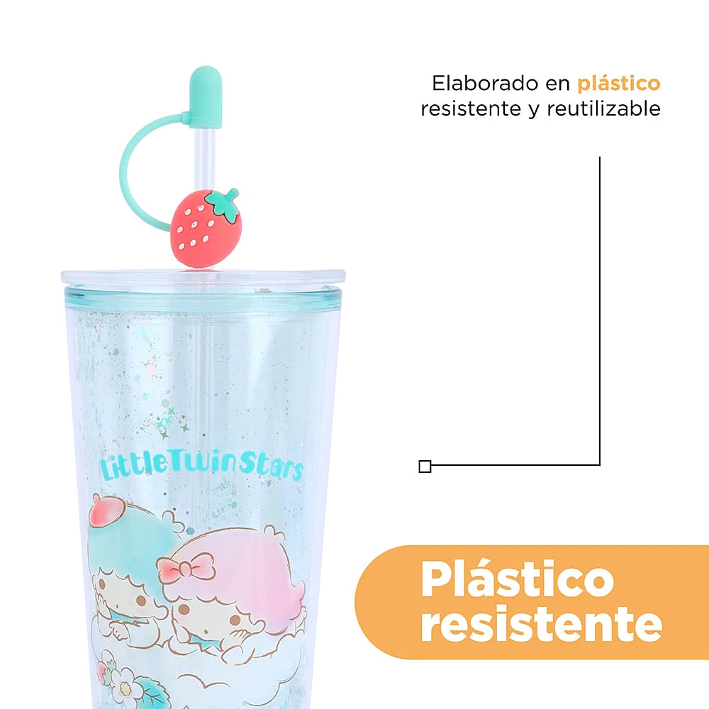 Vaso Con Tapa Y Popote Sanrio Little Twin Stars Doble Capa Plástico Verde 800 ml