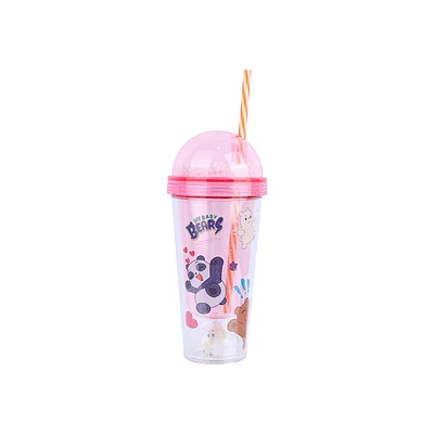 Vaso Con Tapa Y Popote  We Bare Bears Doble Capa Plástico Rosa 350 ml