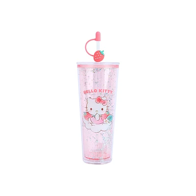 Vaso Con Tapa Y Popote Sanrio Hello Kitty Doble Capa Plástico Rosa 800 ml