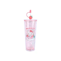 Vaso Con Tapa Y Popote Sanrio Hello Kitty Doble Capa Plástico Rosa 800 ml