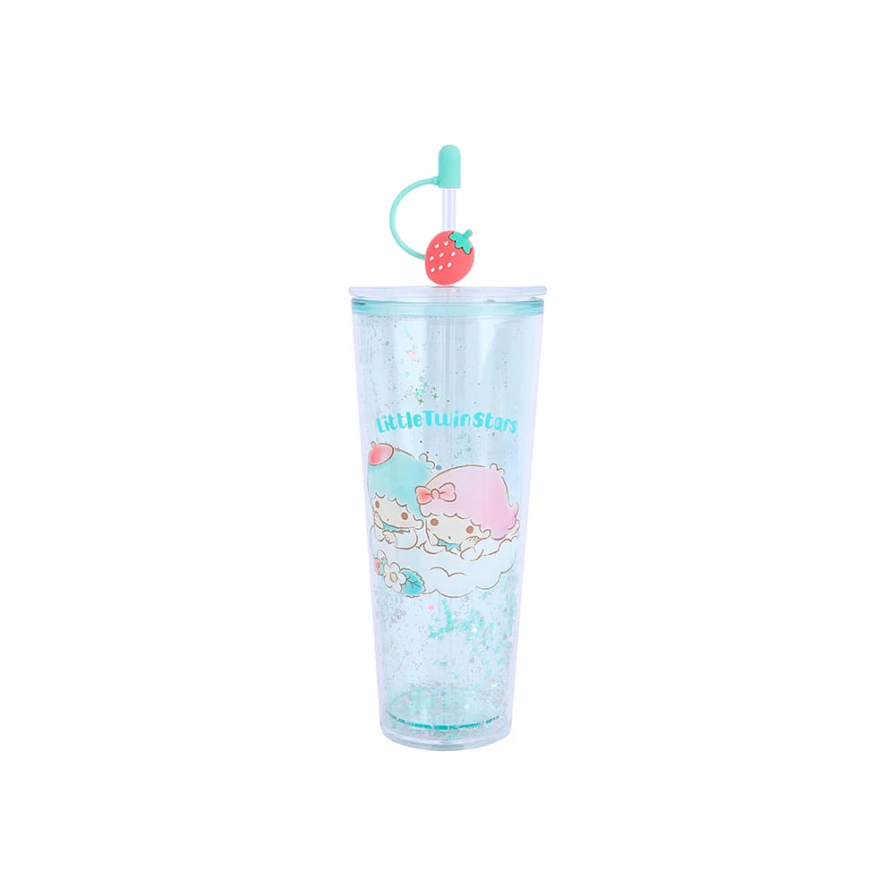 Vaso Con Tapa Y Popote Sanrio Little Twin Stars Doble Capa Plástico Verde 800 ml