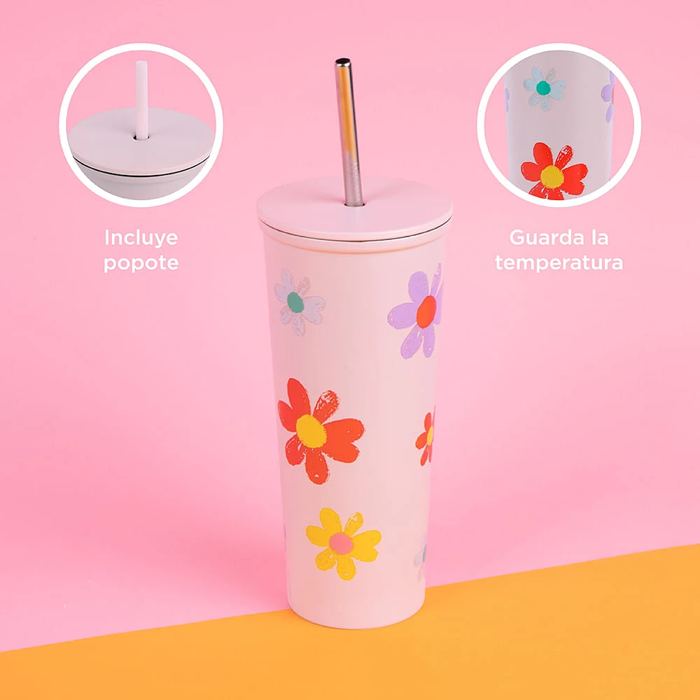 Vaso Con Tapa Y Popote Estampado De Flores Acero Inoxidable Rosa 630 ml