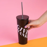 Vaso Con Tapa Y Popote Estampado Tipográfico Acero Inoxidable Negro 630 ml