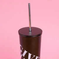 Vaso Con Tapa Y Popote Estampado Tipográfico Acero Inoxidable Negro 630 ml