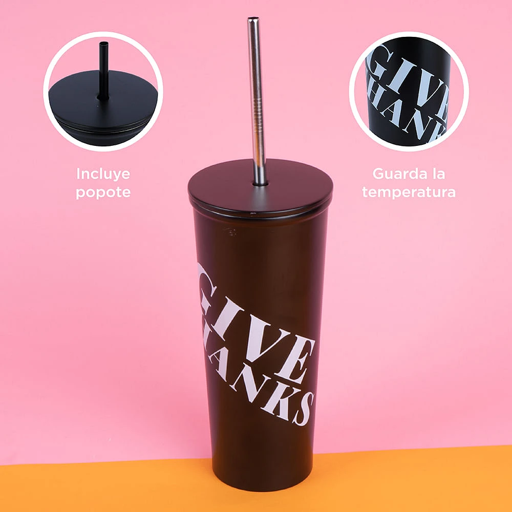 Vaso Con Tapa Y Popote Estampado Tipográfico Acero Inoxidable Negro 630 ml