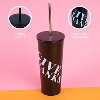 Vaso Con Tapa Y Popote Estampado Tipográfico Acero Inoxidable Negro 630 ml