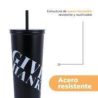 Vaso Con Tapa Y Popote Estampado Tipográfico Acero Inoxidable Negro 630 ml