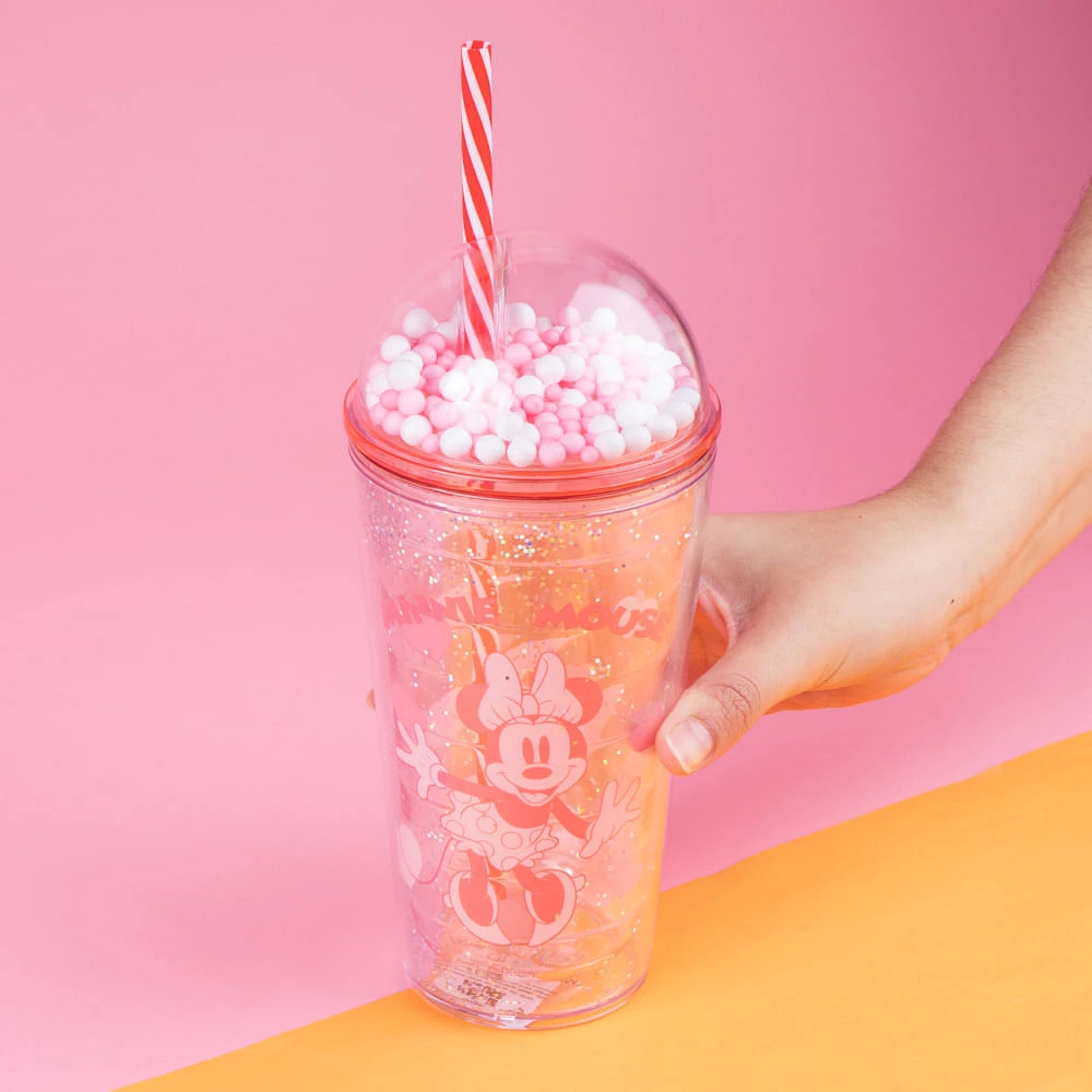 Vaso Con Tapa Y Popote Disney Minnie Mouse Doble Capa Plástico Rosa 600 ml